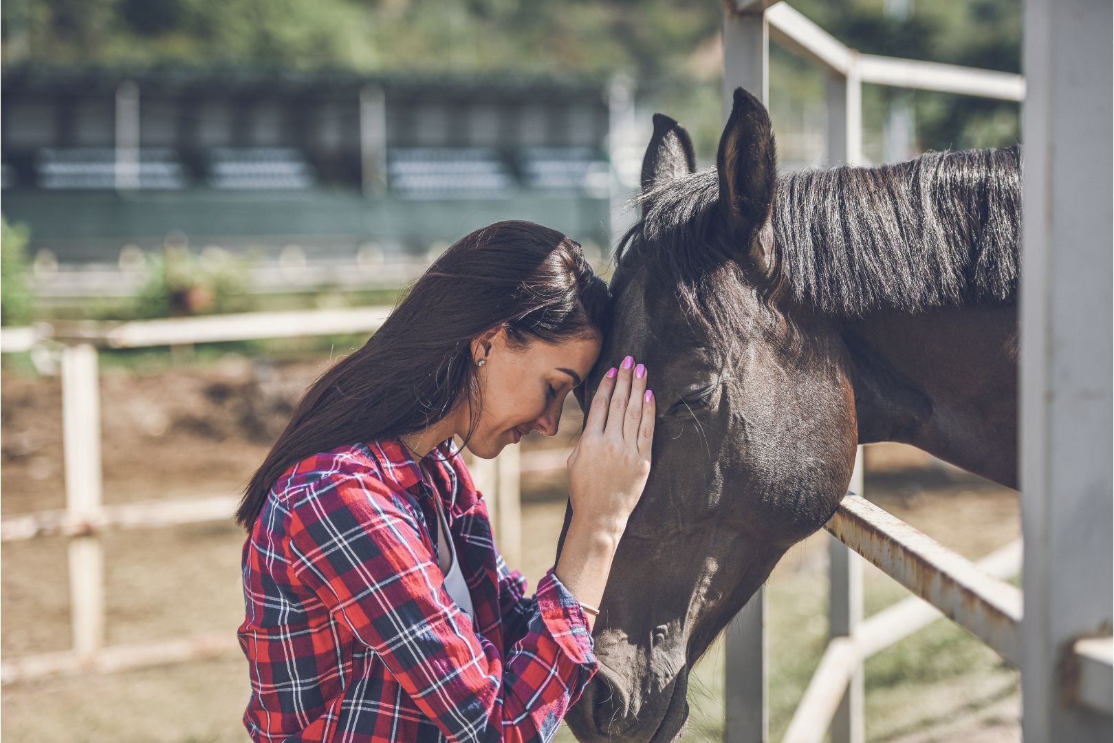 Woman shares peaceful moment with her horse after a wellness session — natural, holistic support for healing and recovery in alberta
