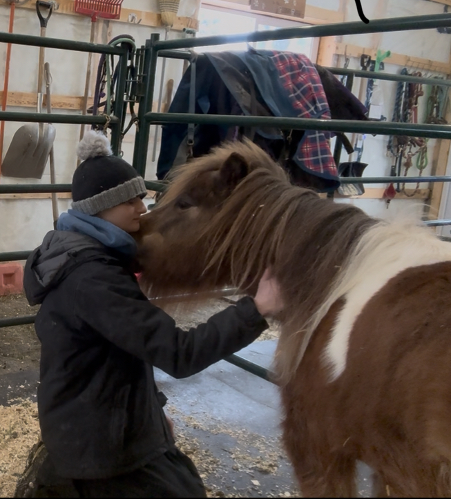 man snuggling with horse