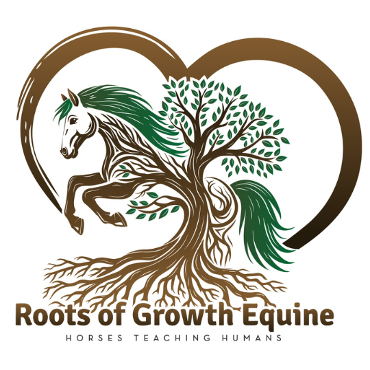 Roots of Growth Equine logo with a horse and tree for the Heal With Horses program